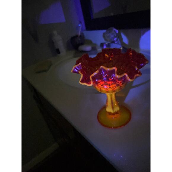 Fenton Orange Amberina Glass Thumbprint Compote Candy Dish UV reactive - Picture 10 of 10